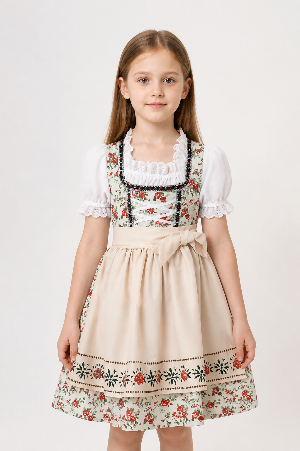Dirndl Dress with Apron and Kerchief Featuring a Red Rose Print