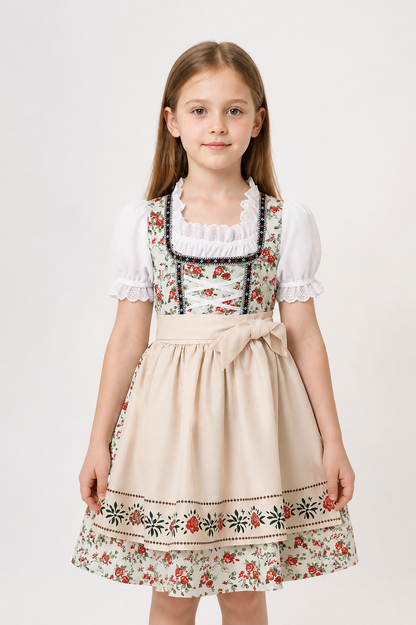 Dirndl Dress with Apron and Kerchief Featuring a Red Rose Print