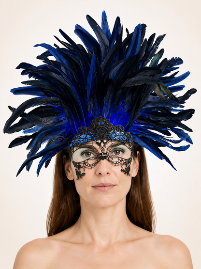 Carnival Headpiece with Blue-and-Black Feathers and Mask Costume Masks detail 2