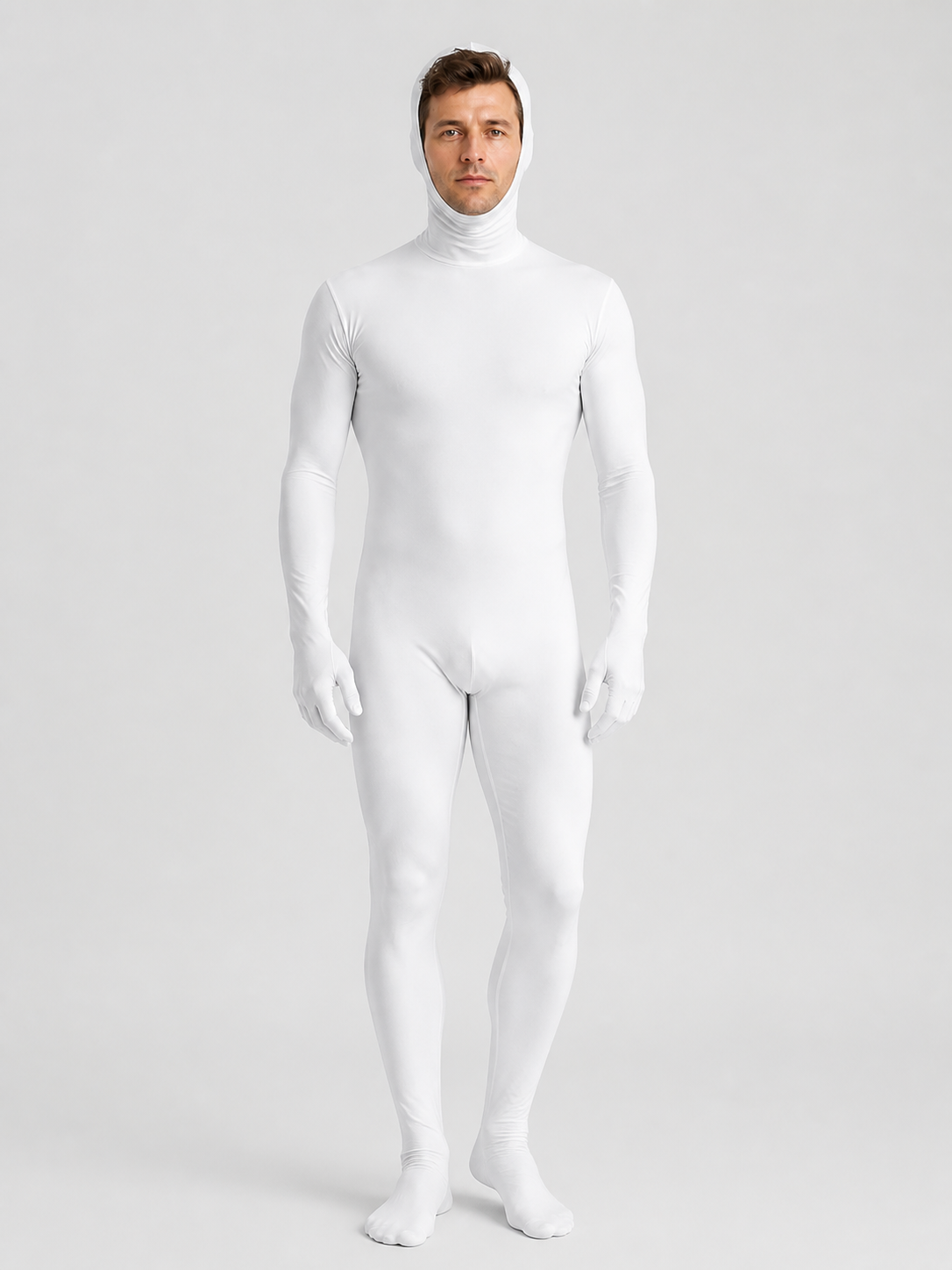 White Form-Fitting Jumpsuit with Hood and Open Face product detail 3