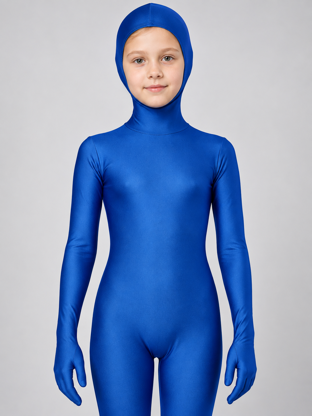 Blue form-fitting zentai bodysuit with hood