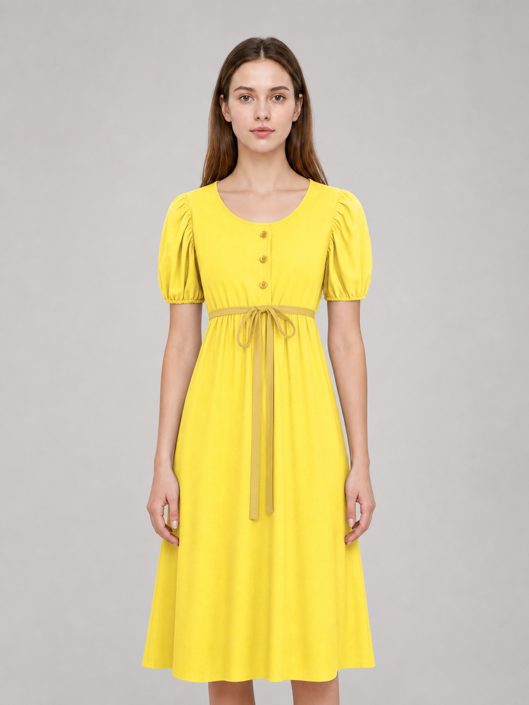 Yellow Dress with Buttons and a Drawstring Waist