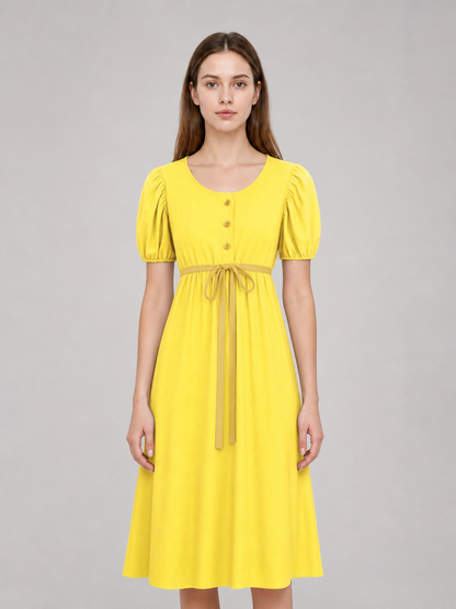 Yellow Dress with Buttons and a Drawstring Waist