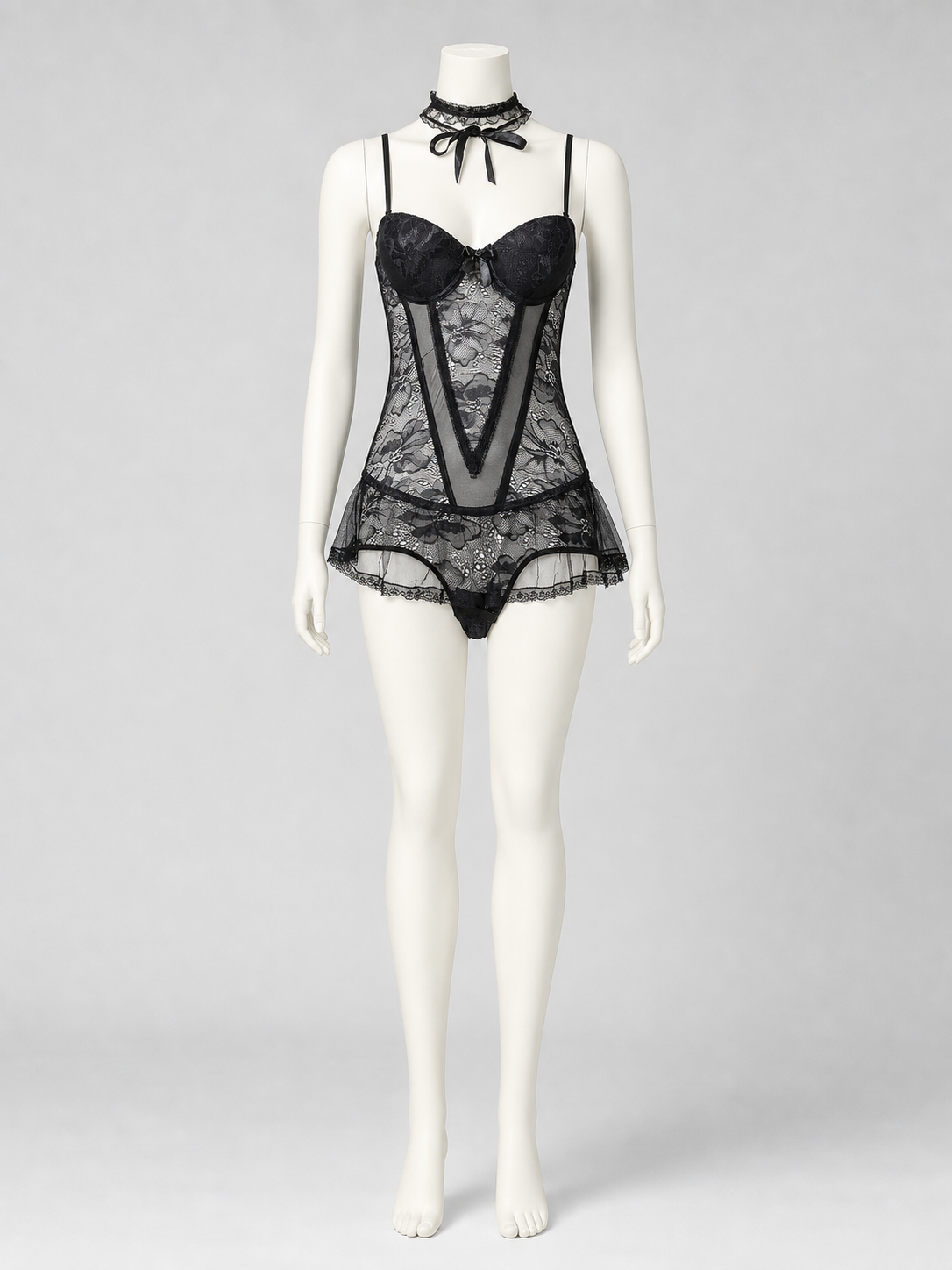 Black Lace Bodysuit with Skirt, Bows, and Ruffles product detail 2