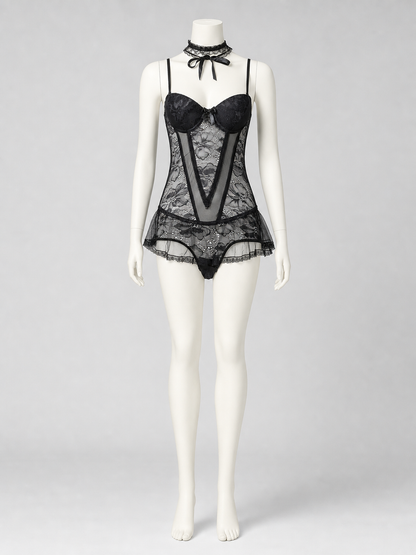 Black Lace Bodysuit with Skirt, Bows, and Ruffles product detail 2