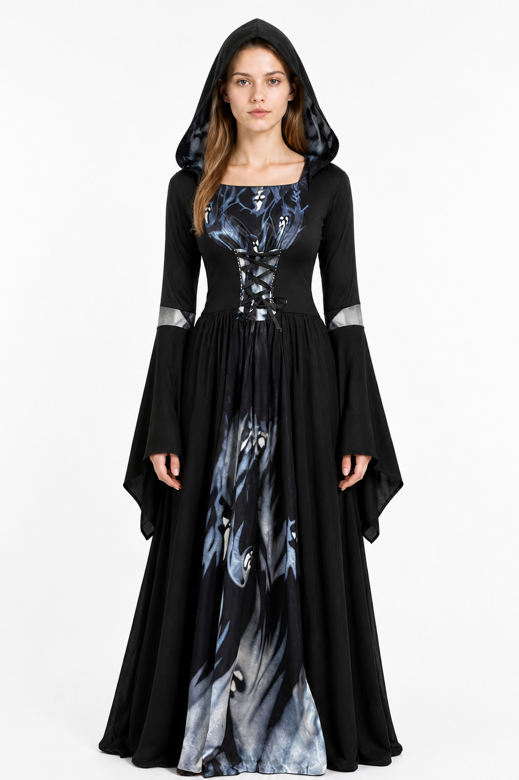 Skull-Print Hooded Dress with Lace-Up Front Costume Dresses detail 3