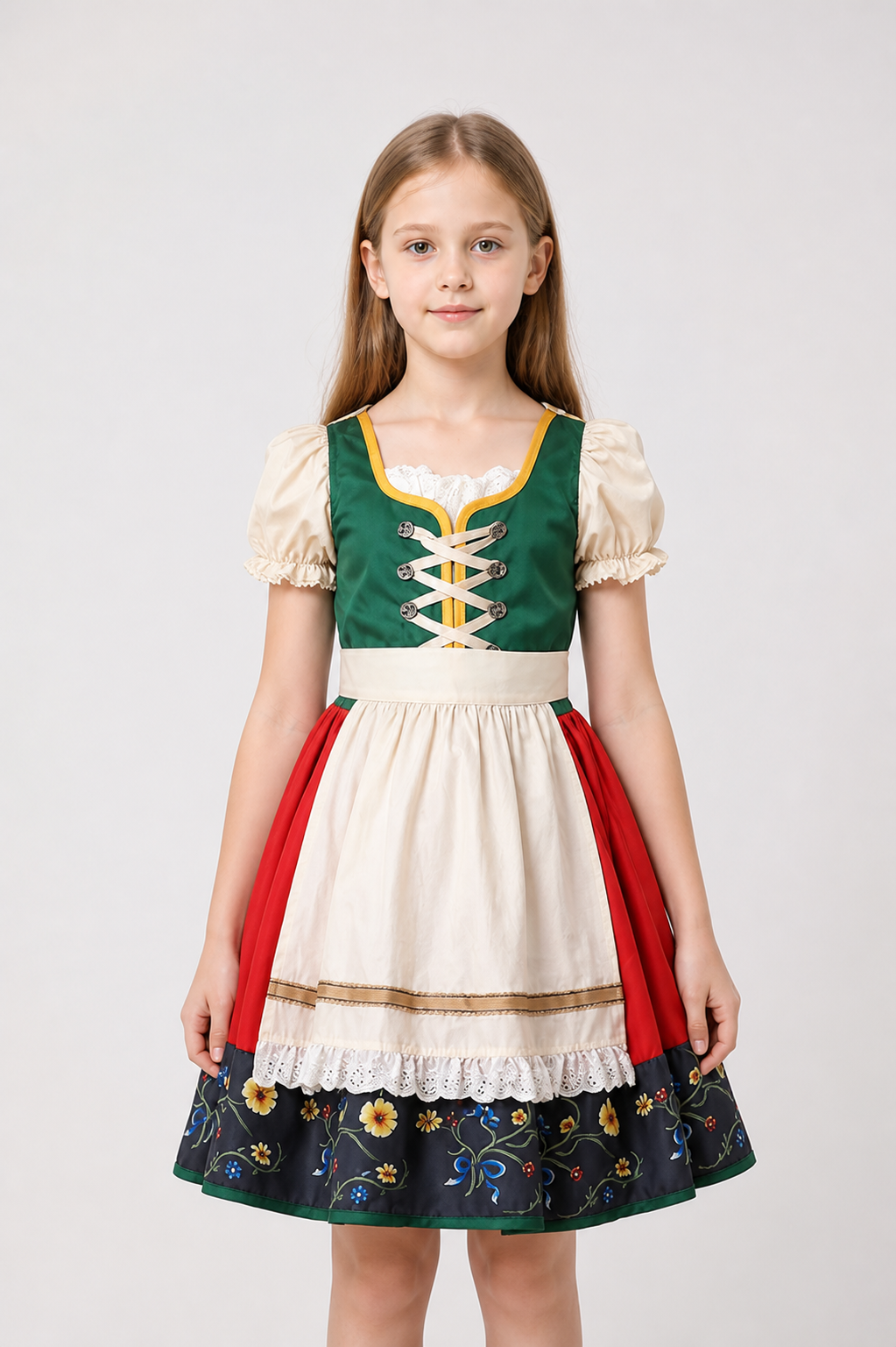 Children’s dirndl-style dress with apron and headscarf