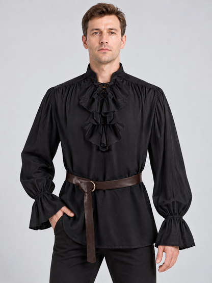 Black shirt with high collar and ruffles, with belt