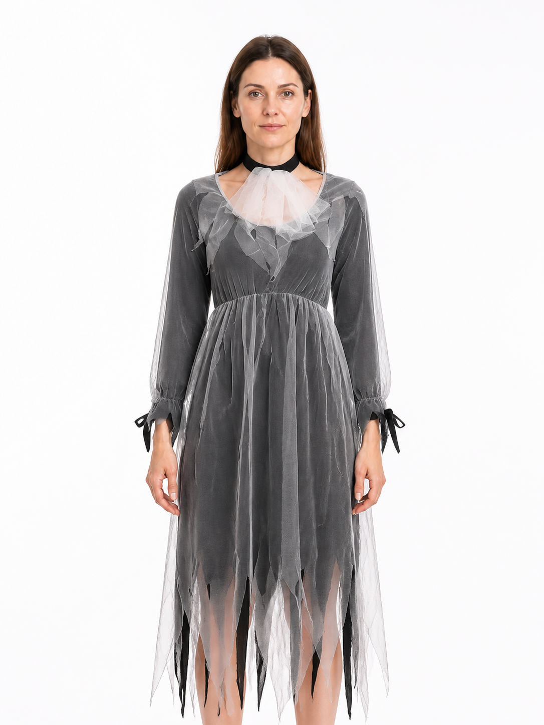 Ghost Bride Dress, Gray and Black, Long, Ragged Hem Costume Dresses detail 3