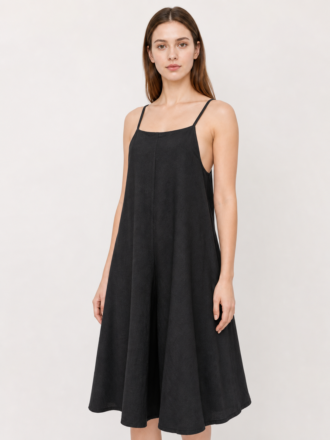 Loose Wide-Leg Black Cotton and Linen Overalls with Straps