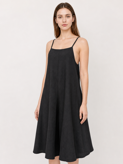 Loose Wide-Leg Black Cotton and Linen Overalls with Straps