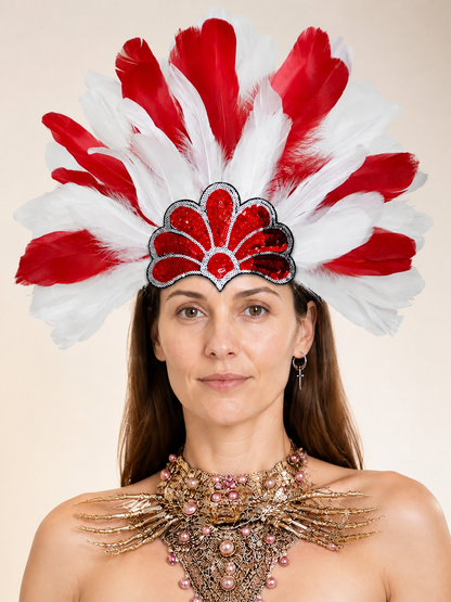Red and White Feathered Carnival Headpiece Costume Headwear detail 2