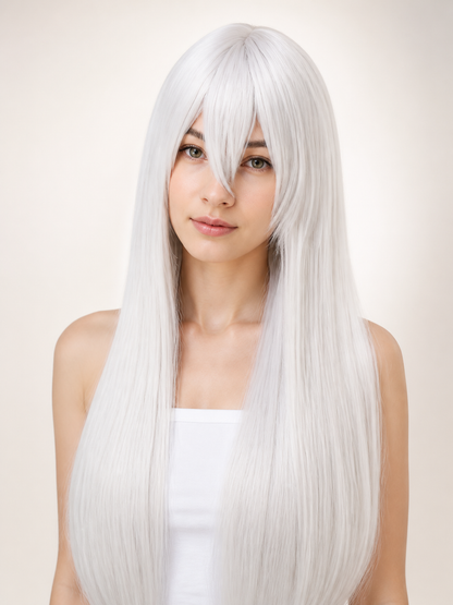 Long Silver Carnival Wig with Side-Swept Bangs Costume Wigs detail 2
