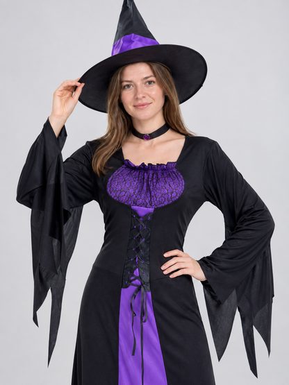 Witch Costume: Long Dress, Hat, Choker, Purple