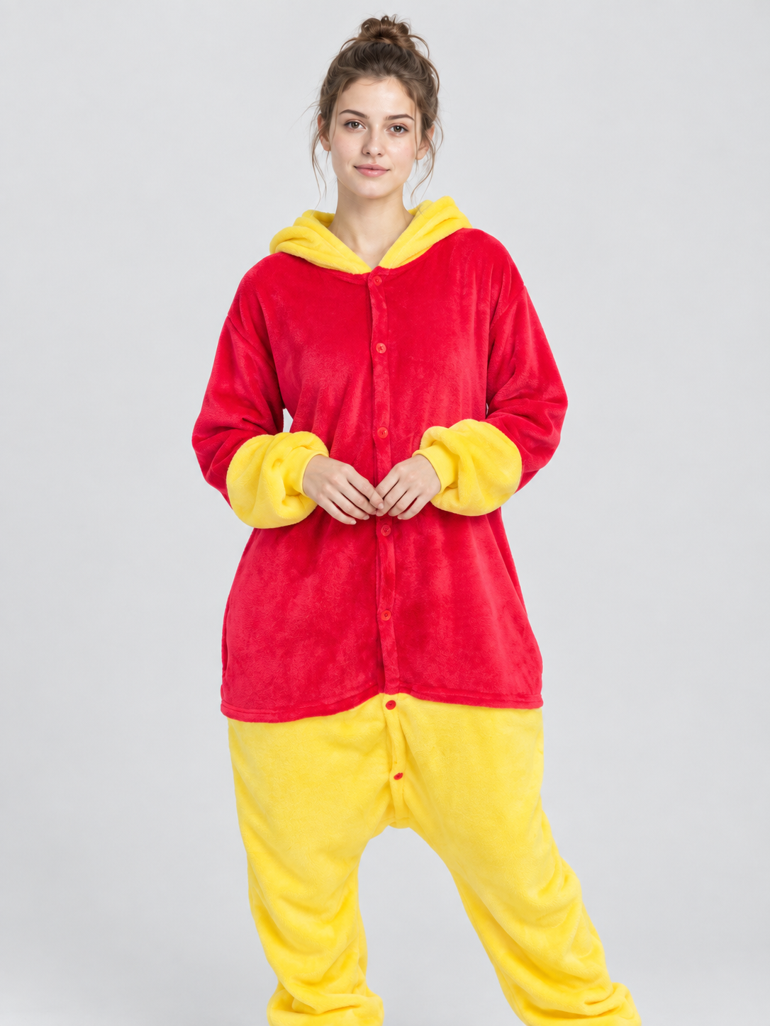 Flannel Hooded Pajama Jumpsuit Red and Yellow