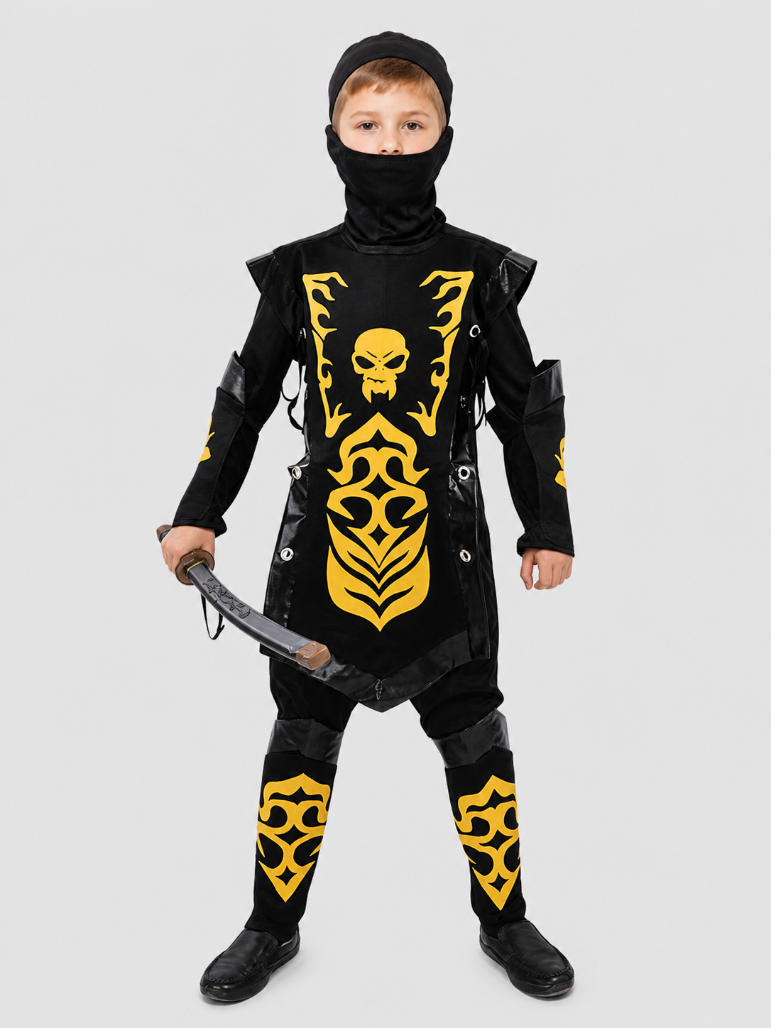 Black-and-Gold Ninja Costume with Mask and Gold Skull Costume Masks detail 3