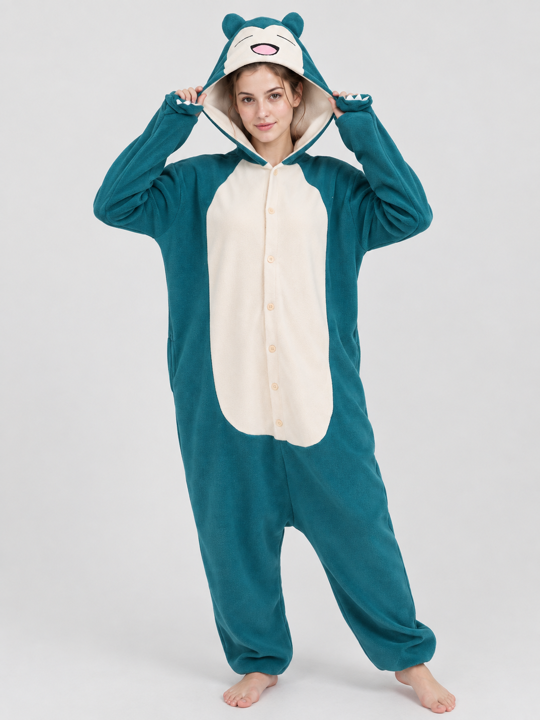 Turquoise and cream fleece kigurumi jumpsuit with ears