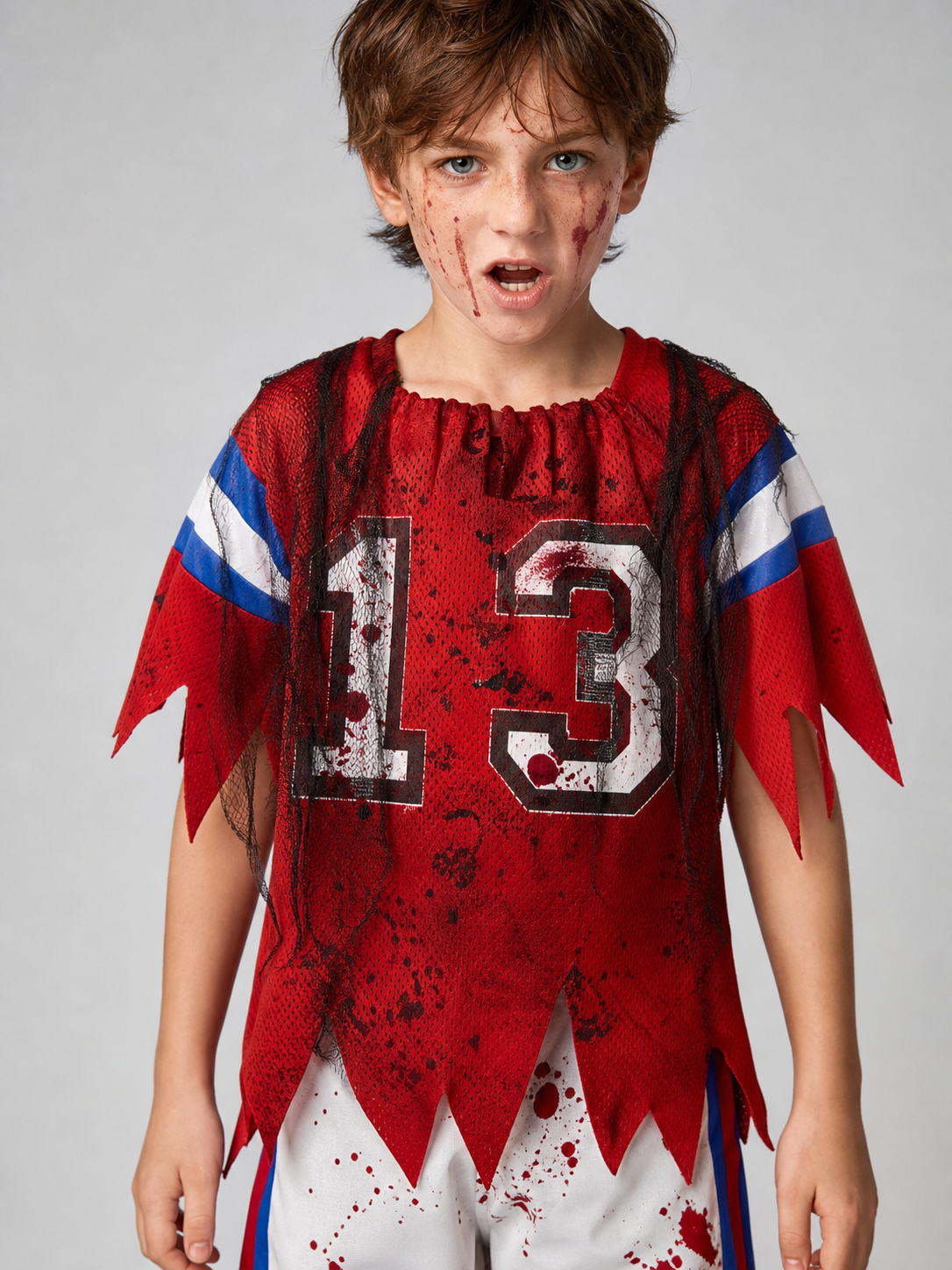 Zombie Sports Costume with a 13 Print and Bloody Streaks