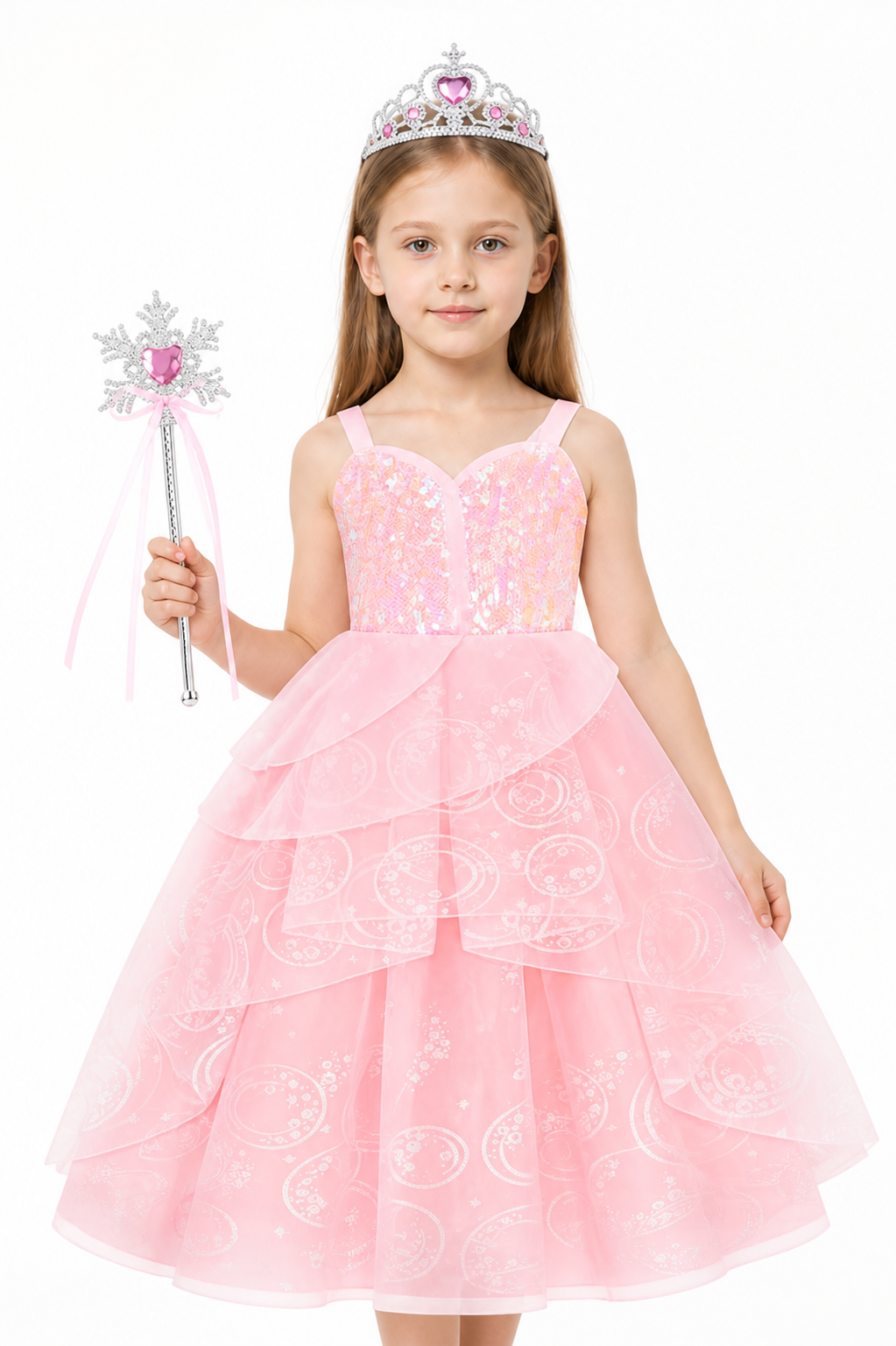 Pink Children's Halloween Costume with Crown and Wand Costume Headwear detail 3