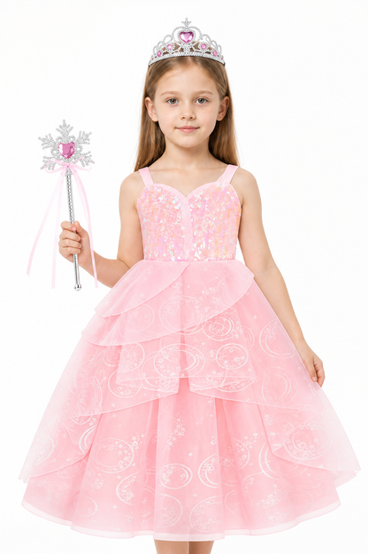 Pink Children's Halloween Costume with Crown and Wand Costume Headwear detail 3