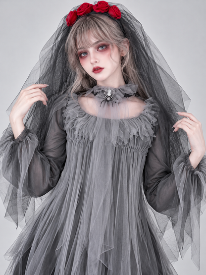 Carnival Costume with Veil, Spider, and Flowers