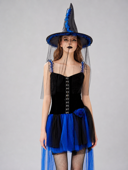 Witch Dress with Blue Roses and a Sheer Train
