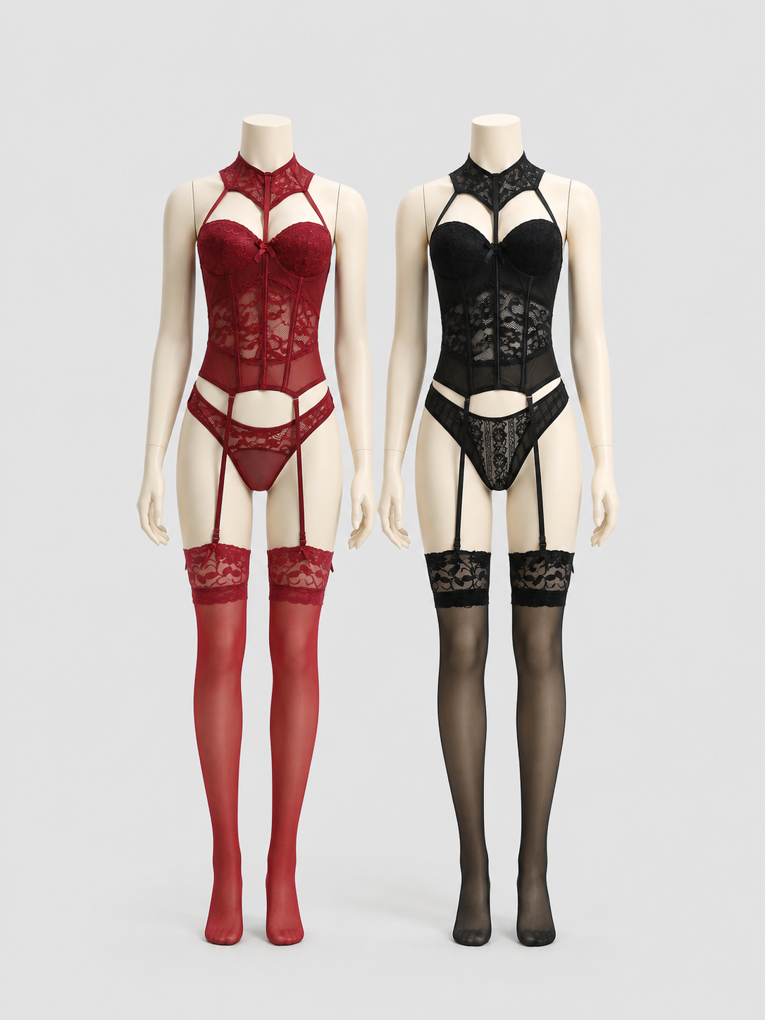 Lace Corset Outfit with Garters (Burgundy, Black) Costumes detail 3