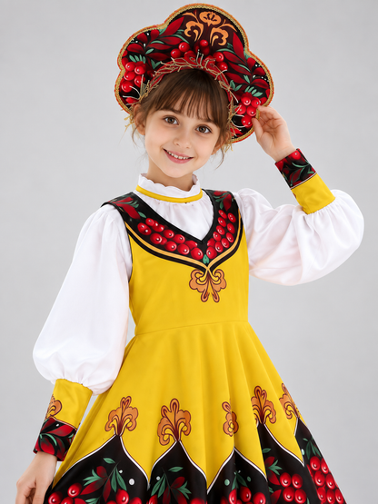 Russian Folk Costume: Yellow Sarafan, Blouse, Kokoshnik