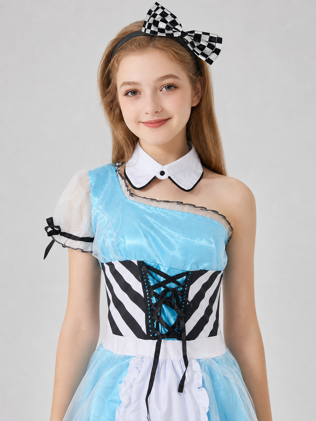 The set is designed as a cosplay dress with decorative princess-style details and includes a dress, a separate collar accessory, and a headband with a bow. The look is centered around a light blue dress with a full, layered skirt and a whit
