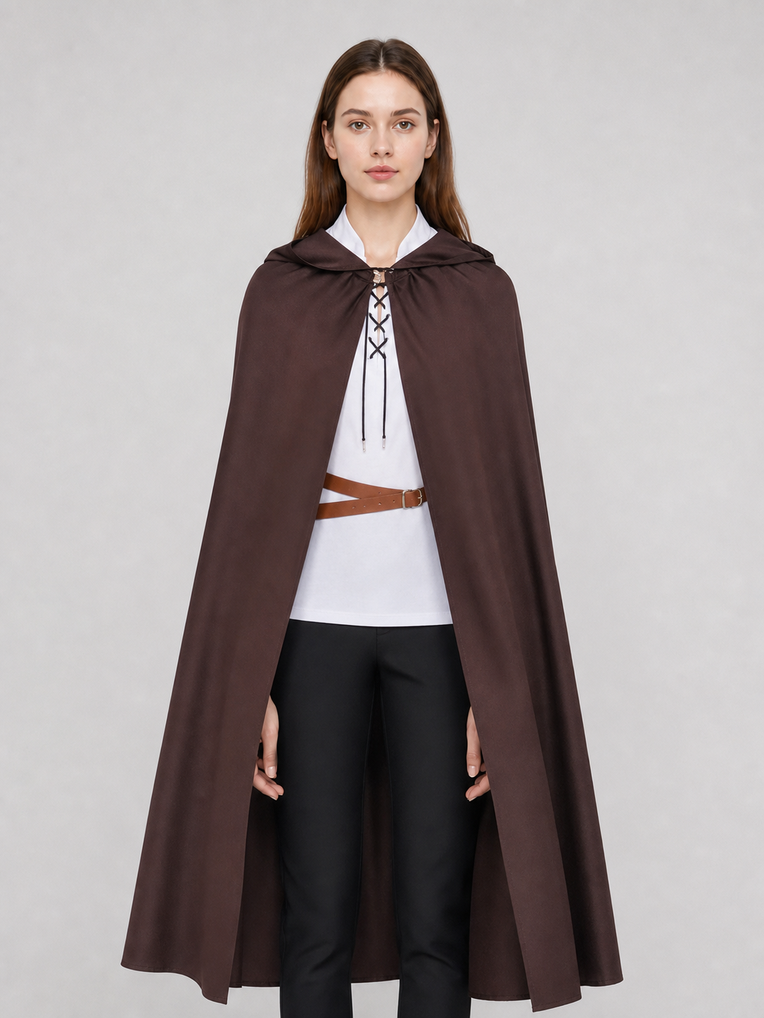 Halloween Medieval Knight Pirate Cosplay Hooded Cloak, Long Loose Cape With Pointed Hood And Front Cross Lacing