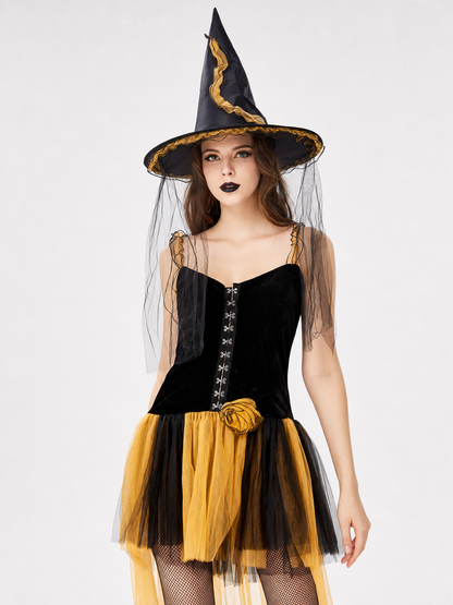 Witch-Style Costume Dress with a Yellow and Black Skirt