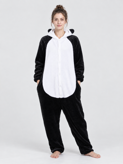 Cartoon Black and White Hooded Pajama Jumpsuit