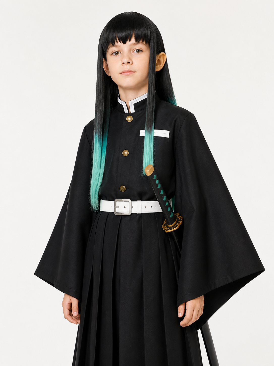 Black Halloween and cosplay costume with wig upper body view
