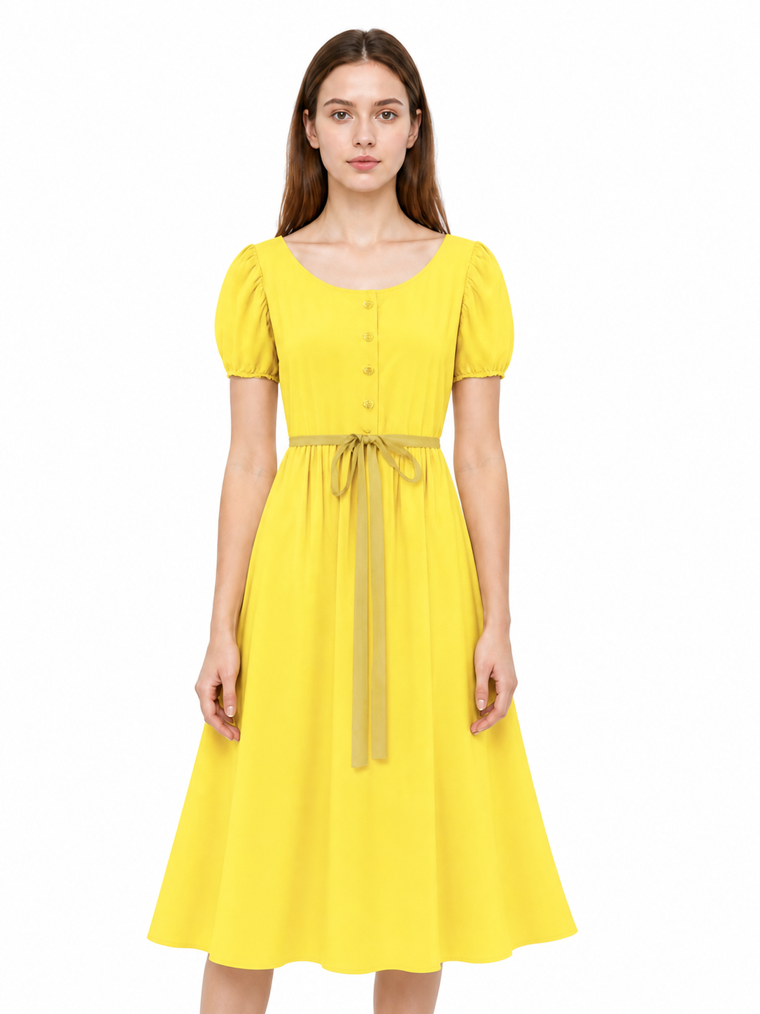 Long Yellow Button-Front Dress with Drawstring Costume Dresses detail 3