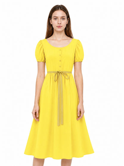 Long Yellow Button-Front Dress with Drawstring Costume Dresses detail 3
