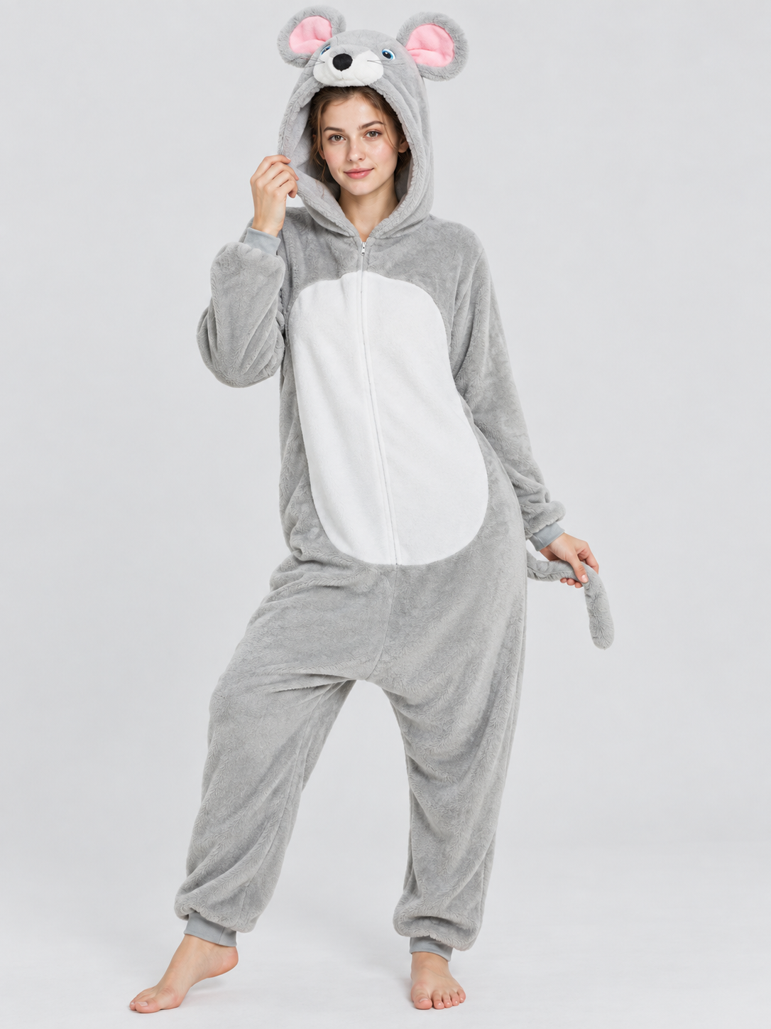 Gray Fleece Hooded Mouse Pajama Jumpsuit