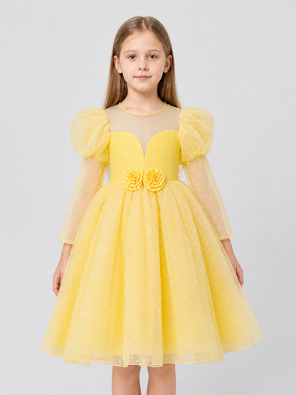 Yellow Princess Dress with Puff Sleeves and Flowers Costume Dresses detail 3