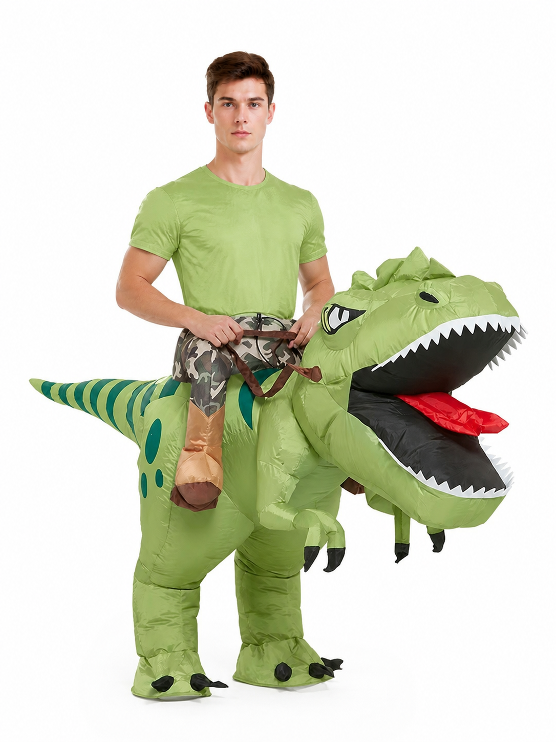 Inflatable Dinosaur Costume with Open Mouth upper body view
