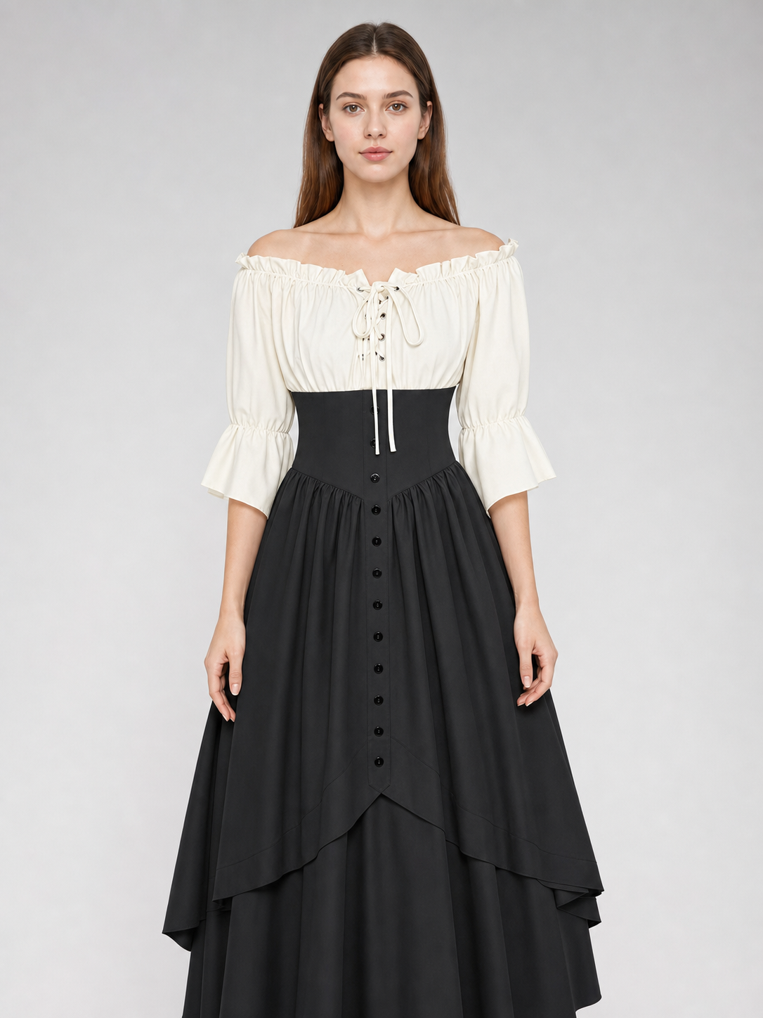 Vintage-Style Off-the-Shoulder Dress with Lacing