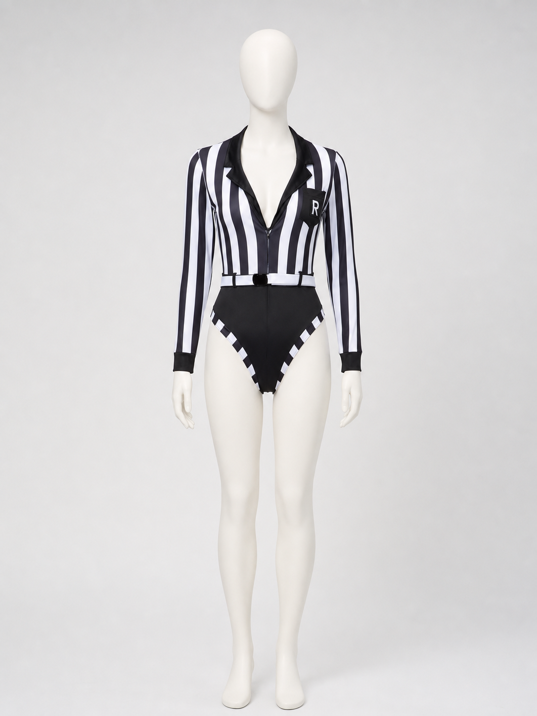 Black and White Striped Jumpsuit with Notched Collar