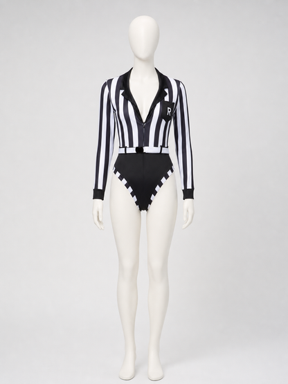Black and White Striped Jumpsuit with Notched Collar