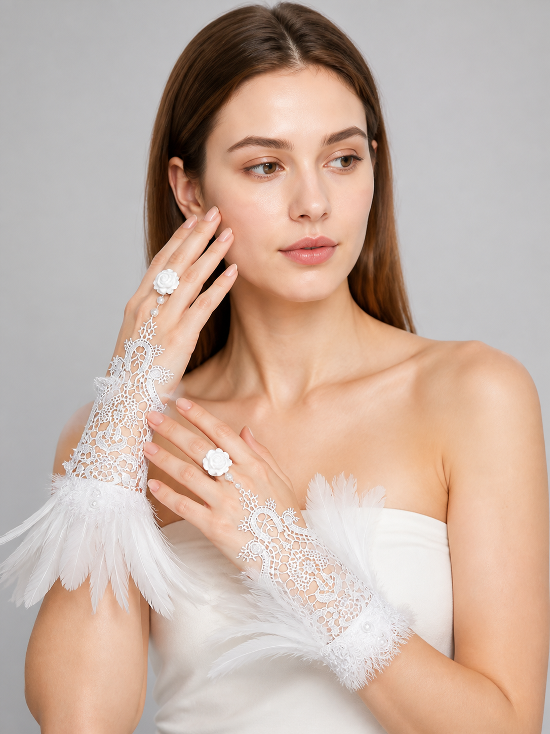 White Lace Finger-Loop Feather Gloves, Pair
