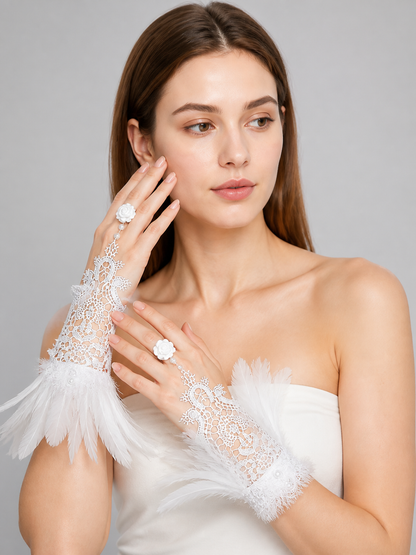 White Lace Finger-Loop Feather Gloves, Pair