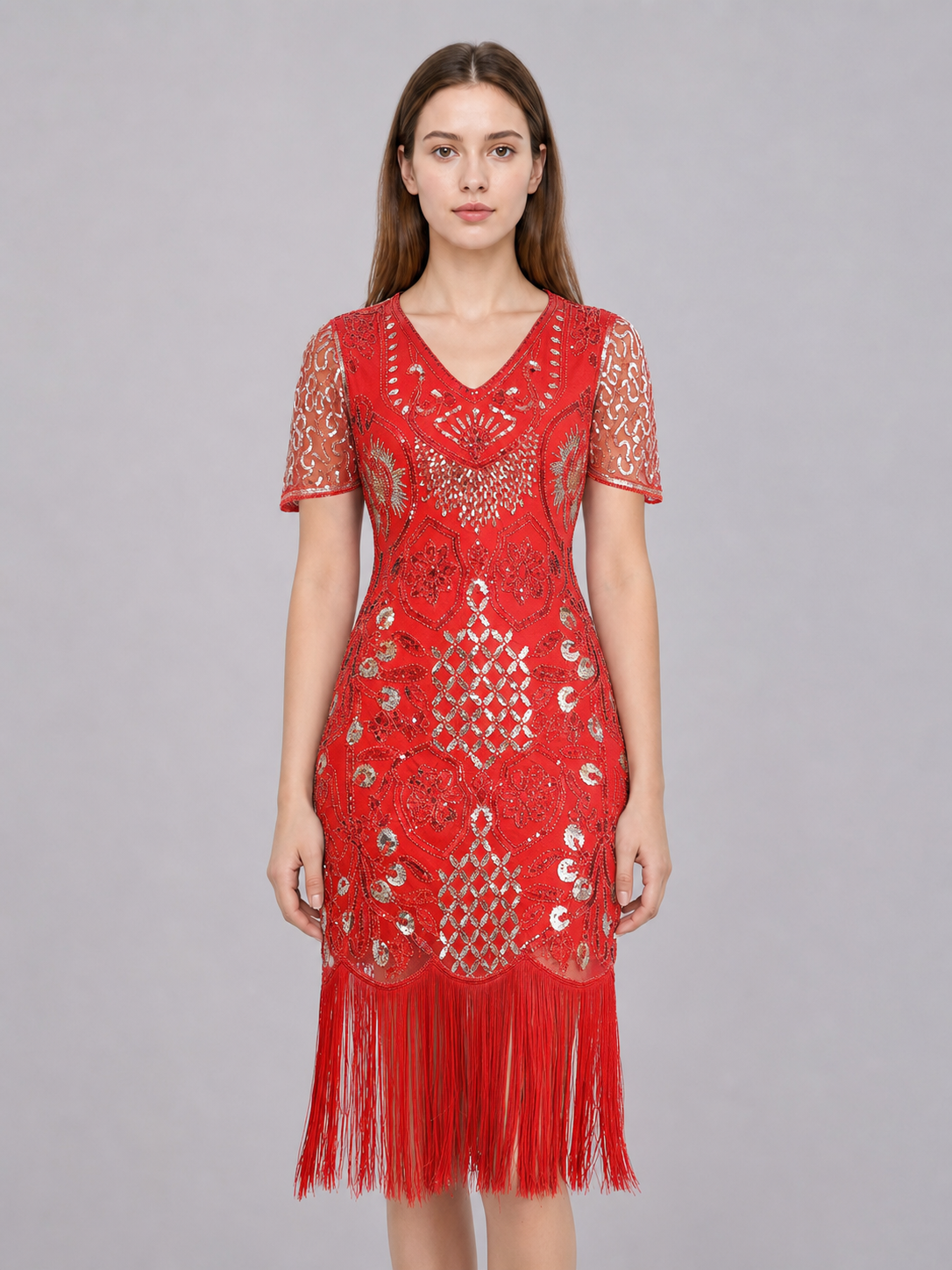 Retro-Style Cocktail Dress with Sequins and Fringe