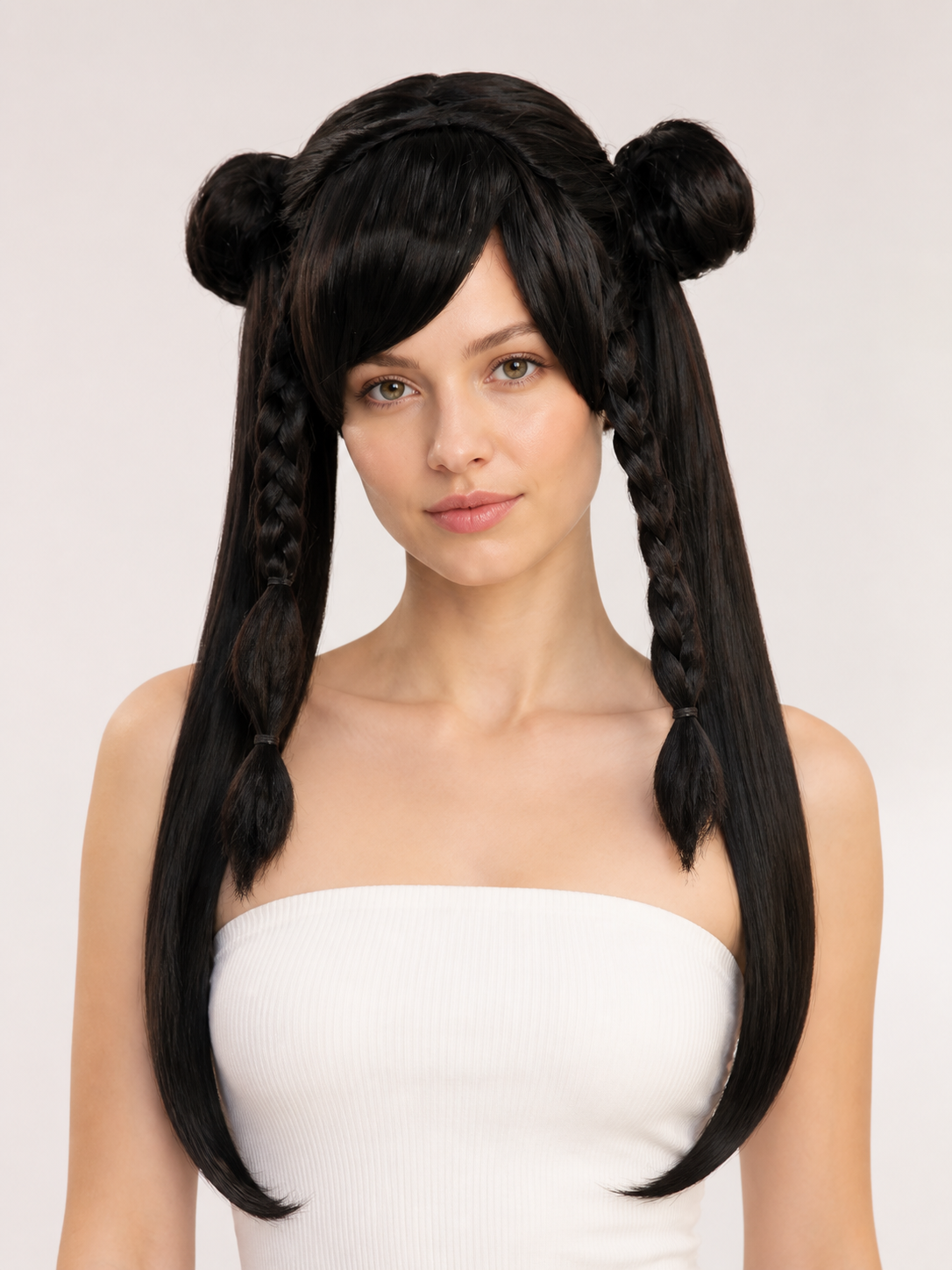 Black Cosplay Wig with Braids and Two Buns Costume Wigs detail 2