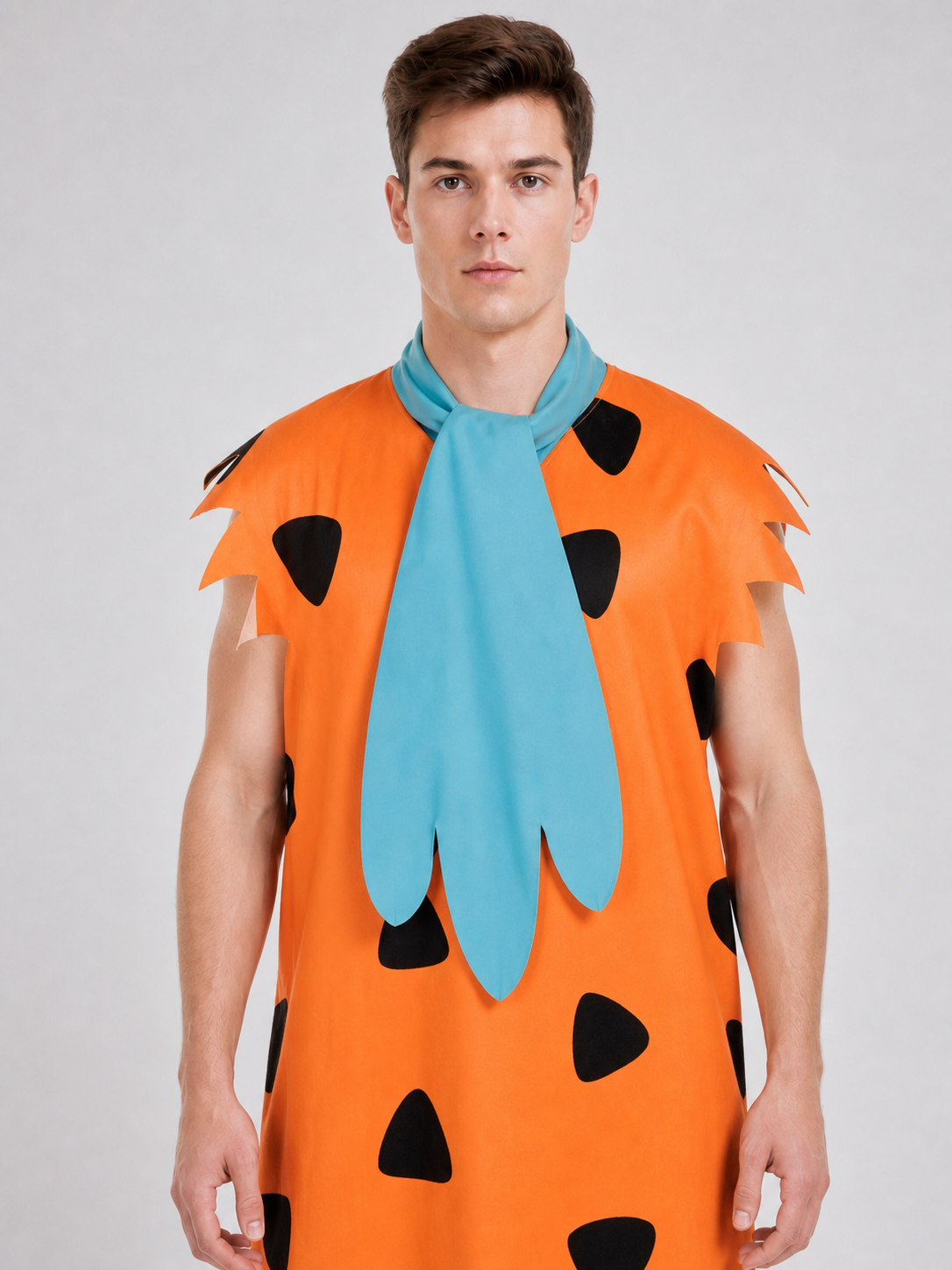 Orange Dress with Black Spots and Blue Accessory upper body view 5