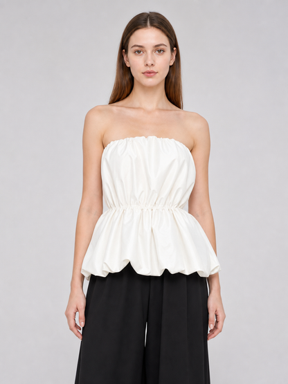 White Strapless Bustier Top with Draped Peplum