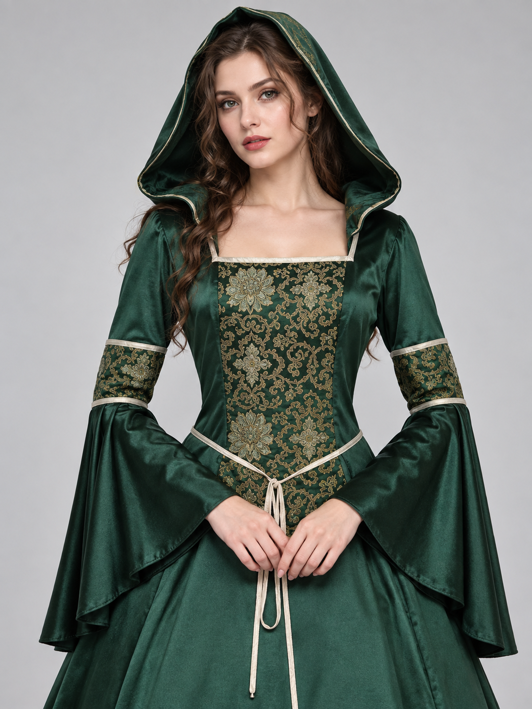 Green Gothic-Style Dress with Hood and Lacing