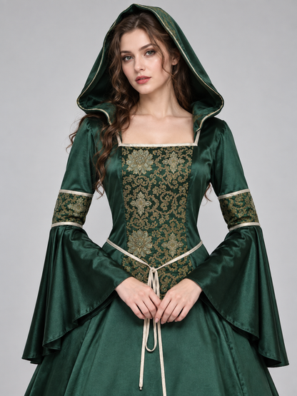 Green Gothic-Style Dress with Hood and Lacing