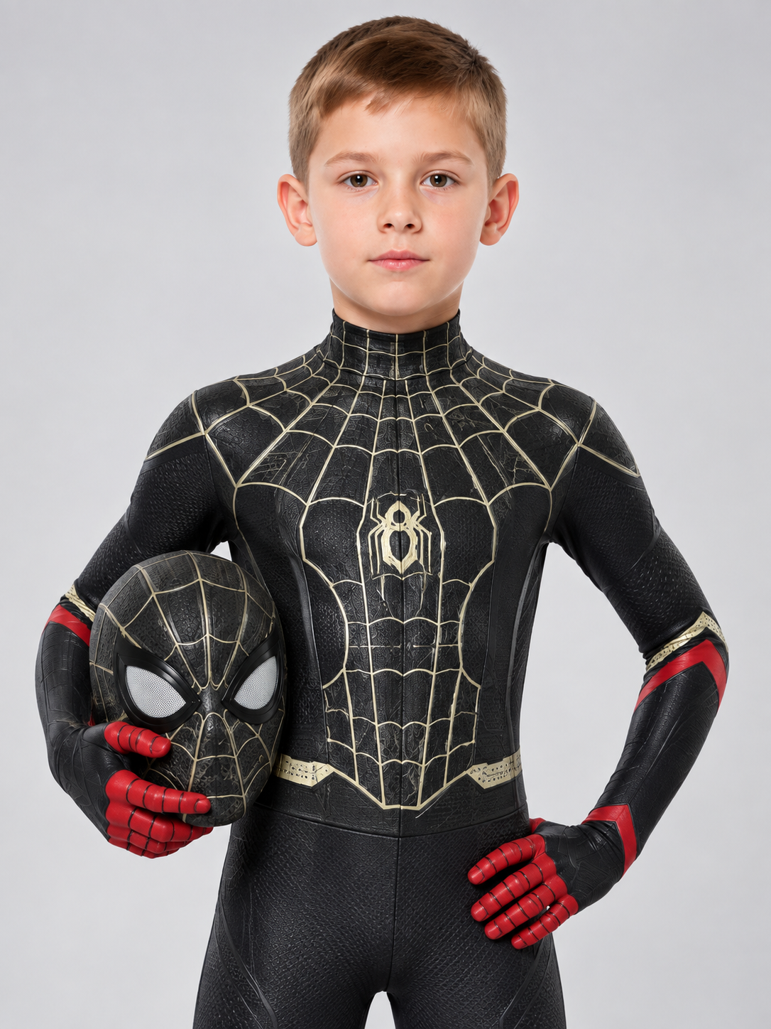 Superhero costume black with gold lines and mask